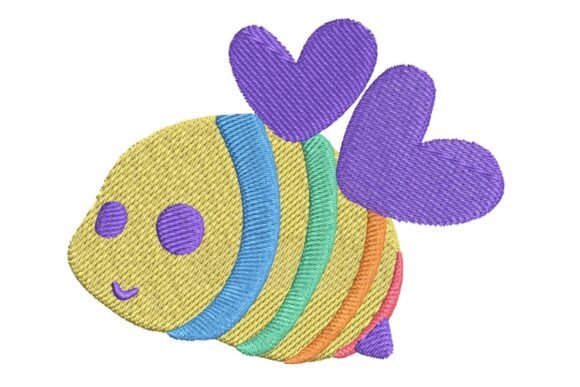 Cute Rainbow Bee with Heart Wings Embroidery Design